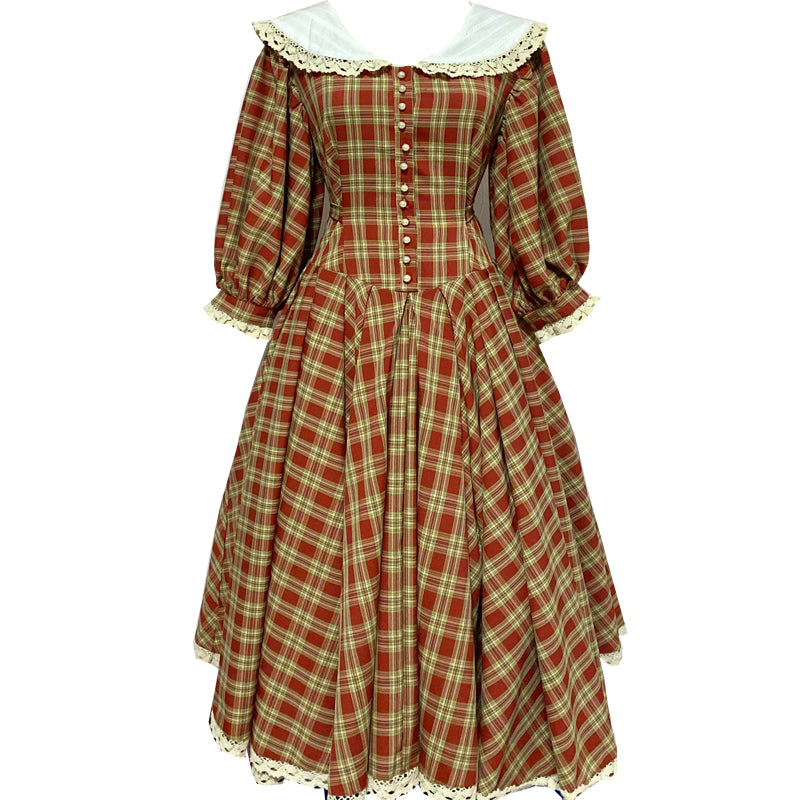 Vintage Plaid Puff Sleeve Tea Dress Customize Size / Green I Retro Fairy