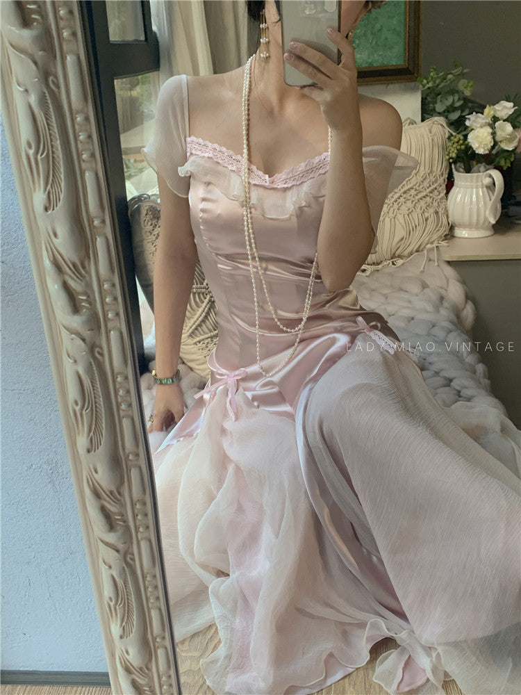 Dreamy Coquette Bow-Stitched Satin Dress White / L I Retro Fairy Dreamy Coquette Bow-Stitched Satin Dress White / L I Retro Fairy