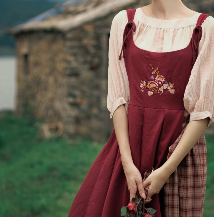 Cottagecore Plaid Fabric Stitched Pinafore Dress