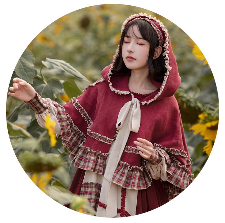 Cottagecore Red Dress Hooded Cape Set