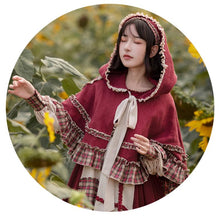 Load image into Gallery viewer, Cottagecore Lolita Style Vintage Red Dress Hooded Cape Set
