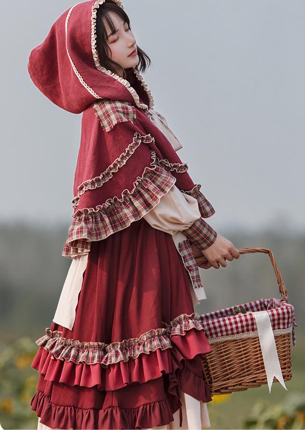 Cottagecore Red Dress Hooded Cape Set