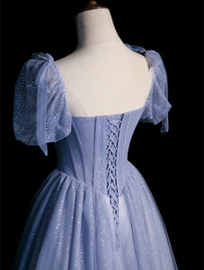 Handmade Retro Princess Puff Sleeves Studded Blue Prom Dress