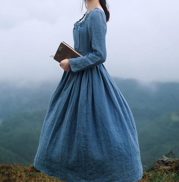 Movie Inspired Vintage Linen Square Collar Prairie Dress Blue / L I Retro Fairy Movie Inspired Vintage Linen Square Collar Prairie Dress Blue / L I Retro Fairy