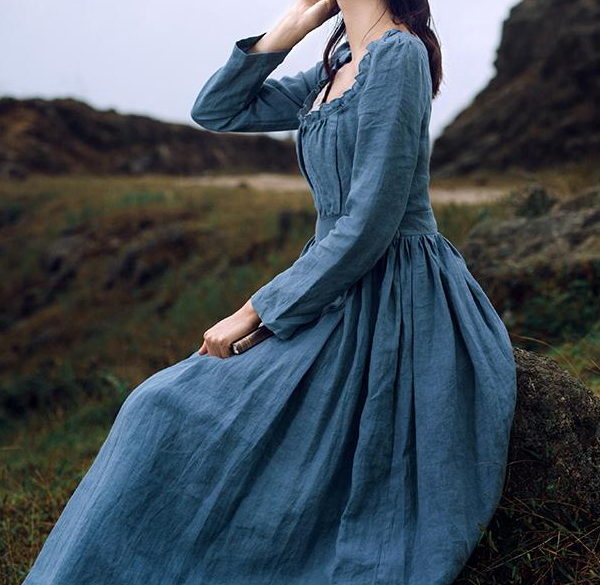 Movie Inspired Vintage Linen Square Collar Prairie Dress Blue / L I Retro Fairy Movie Inspired Vintage Linen Square Collar Prairie Dress Blue / L I Retro Fairy