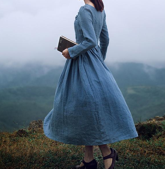 Movie Inspired Vintage Linen Square Collar Prairie Dress Blue / L I Retro Fairy