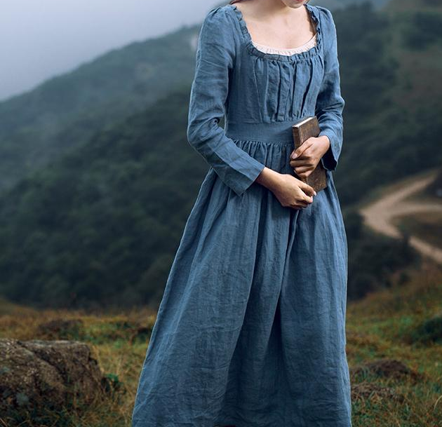 Movie Inspired Vintage Linen Square Collar Prairie Dress S Blue