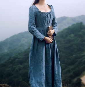 Movie Inspired Vintage Linen Square Collar Prairie Dress