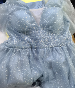 Retro Princess Puff Sleeves Starry Blue Prom Evening Dress